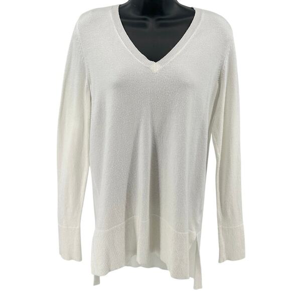 Maison Jules Sweater WMNS XS Cream Tunic V-Neck Pullover Hi-Low Ribbed Soft Cozy - Picture 2 of 8
